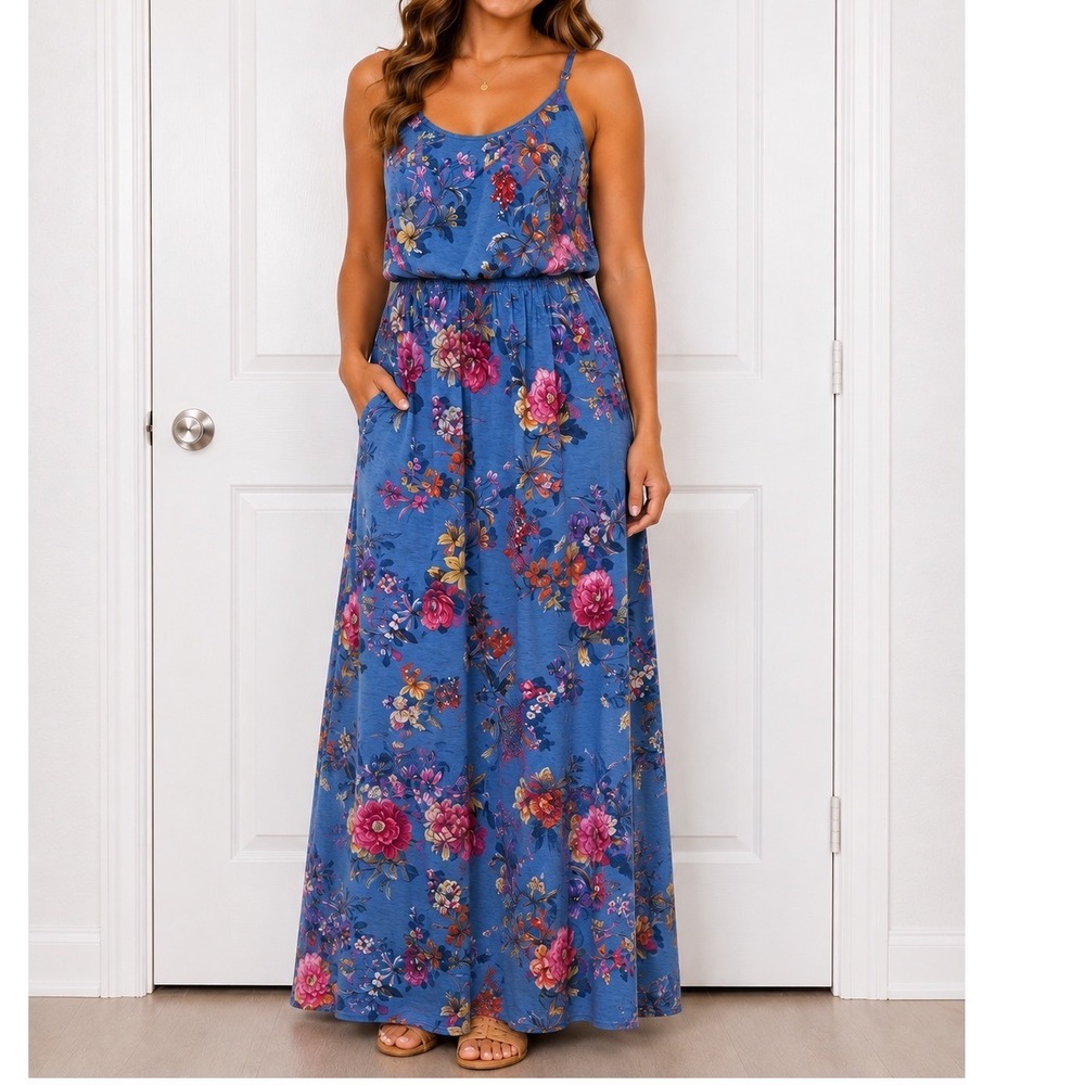 Love Ryan Los Angeles Floral Maxi Dress Blue Pink XL Sleeveless Pocket 10278M